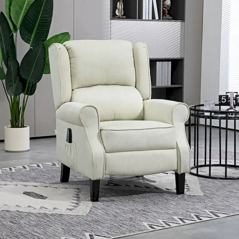 Fauteuil inclinable à oreilles en lin blanc avec massage vibrant, chauffage et repose-pieds