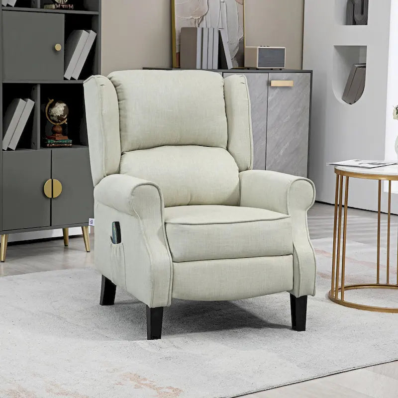 Fauteuil inclinable à oreilles en lin blanc avec massage vibrant, chauffage et repose-pieds