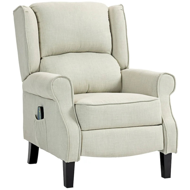 Fauteuil inclinable à oreilles en lin blanc avec massage vibrant, chauffage et repose-pieds
