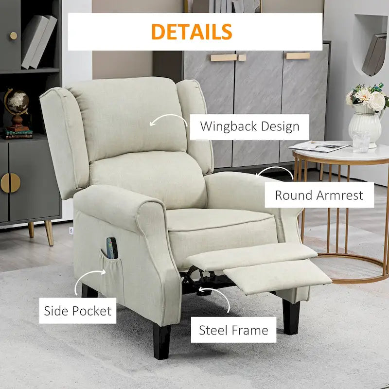 Fauteuil inclinable à oreilles en lin blanc avec massage vibrant, chauffage et repose-pieds