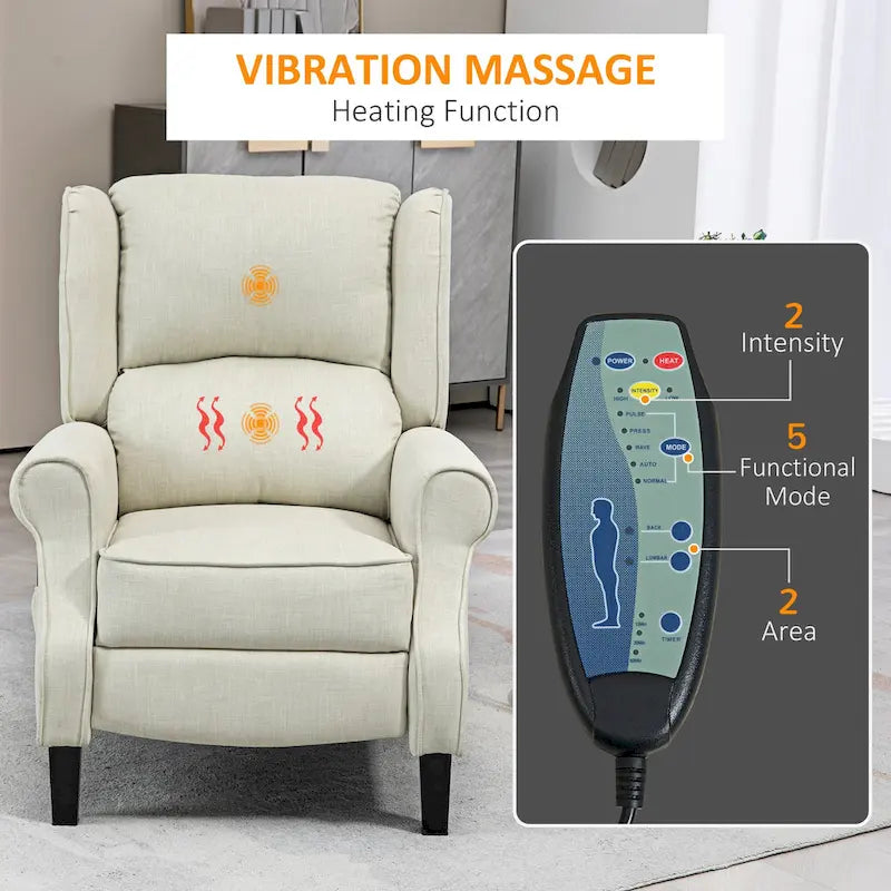 Fauteuil inclinable à oreilles en lin blanc avec massage vibrant, chauffage et repose-pieds