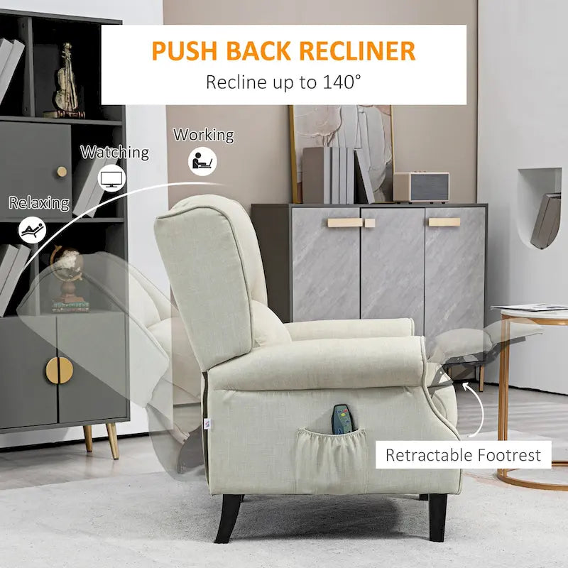 Fauteuil inclinable à oreilles en lin blanc avec massage vibrant, chauffage et repose-pieds