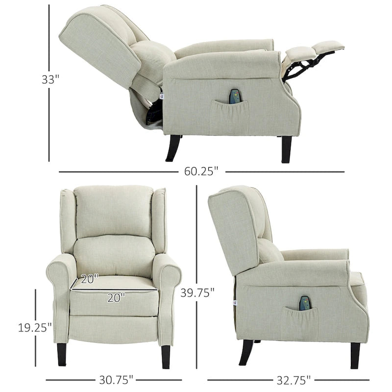 Fauteuil inclinable à oreilles en lin blanc avec massage vibrant, chauffage et repose-pieds