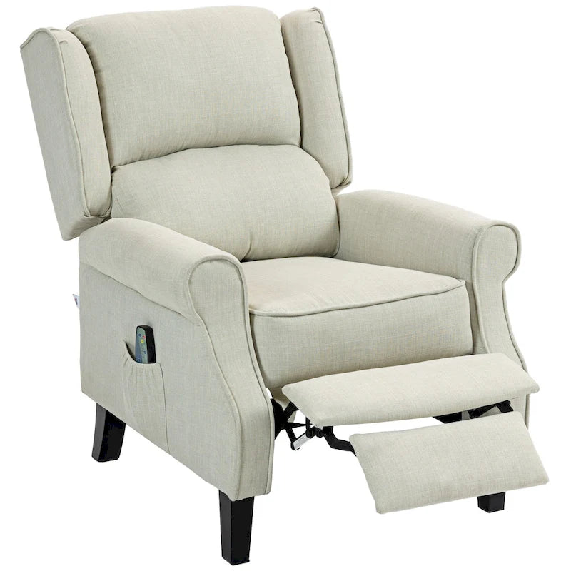Fauteuil inclinable à oreilles en lin blanc avec massage vibrant, chauffage et repose-pieds