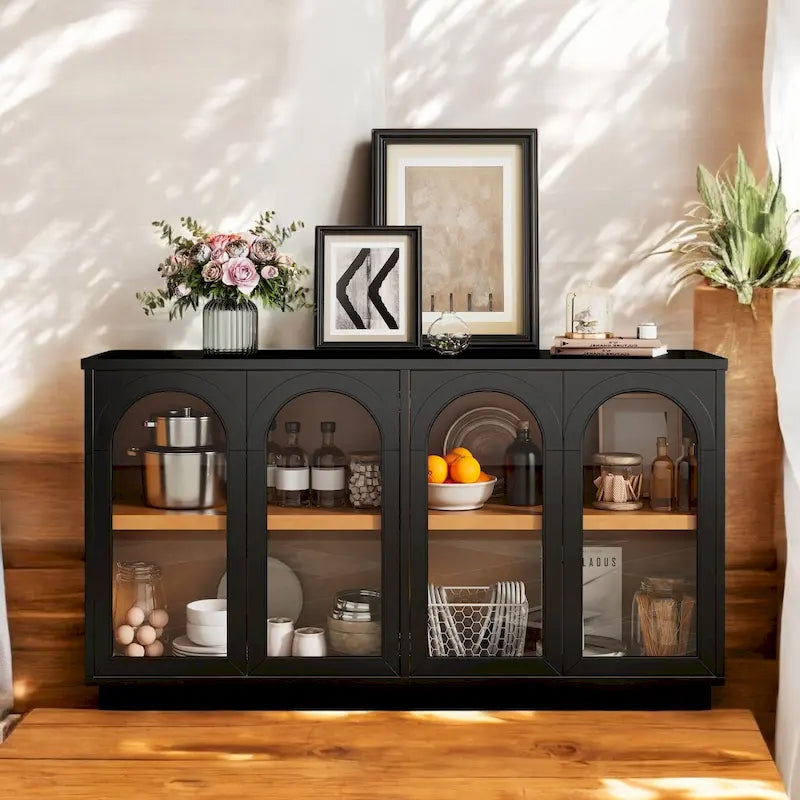 Grand buffet à 4 portes avec rangements, portes vitrées, étagères réglables et design arqué pour cuisine, salle à manger