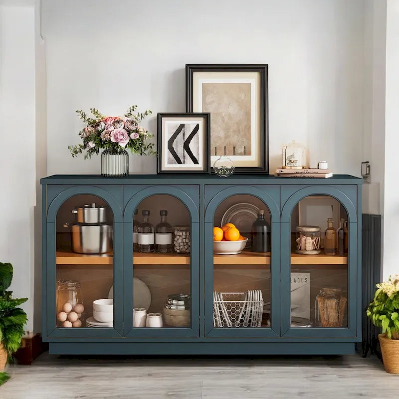 Grand buffet à 4 portes avec rangements, portes vitrées, étagères réglables et design arqué pour cuisine, salle à manger