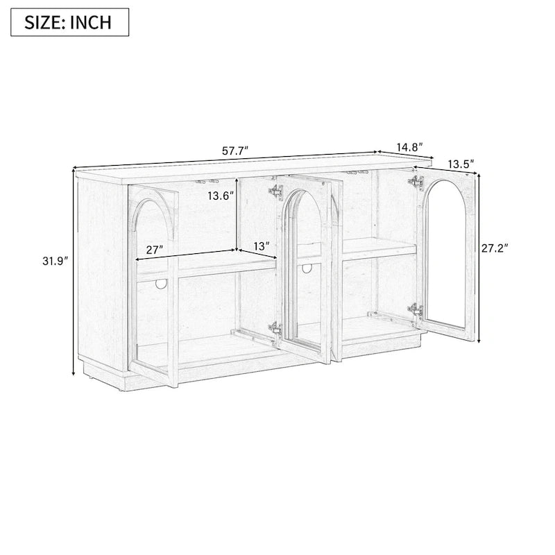 Grand buffet à 4 portes avec rangements, portes vitrées, étagères réglables et design arqué pour cuisine, salle à manger