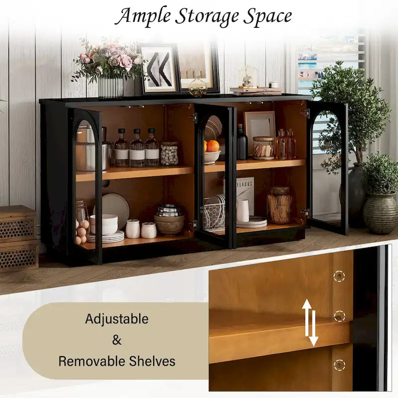 Grand buffet à 4 portes avec rangements, portes vitrées, étagères réglables et design arqué pour cuisine, salle à manger