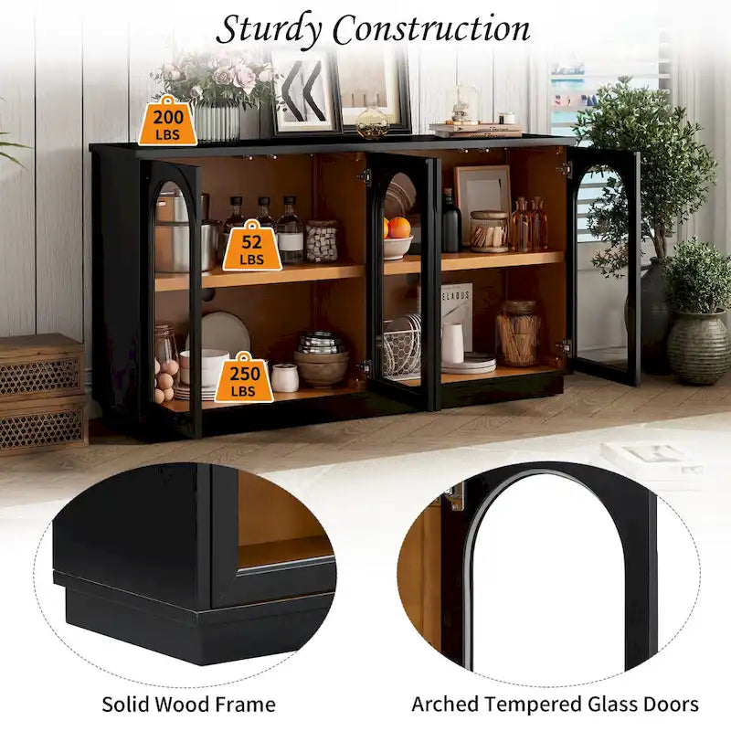Grand buffet à 4 portes avec rangements, portes vitrées, étagères réglables et design arqué pour cuisine, salle à manger