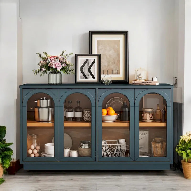 Grand buffet à 4 portes avec rangements, portes vitrées, étagères réglables et design arqué pour cuisine, salle à manger