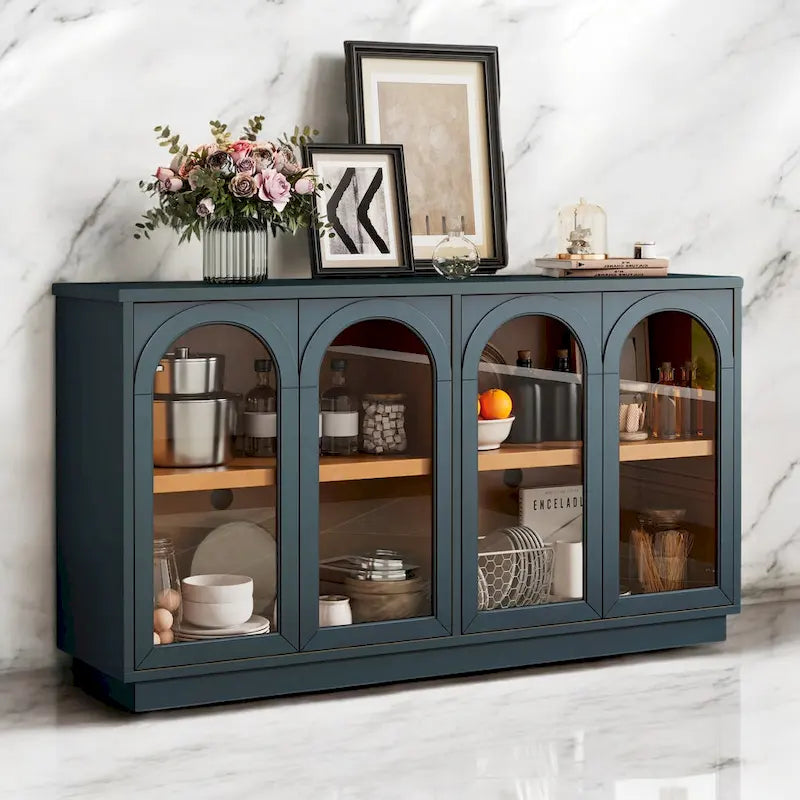 Grand buffet à 4 portes avec rangements, portes vitrées, étagères réglables et design arqué pour cuisine, salle à manger