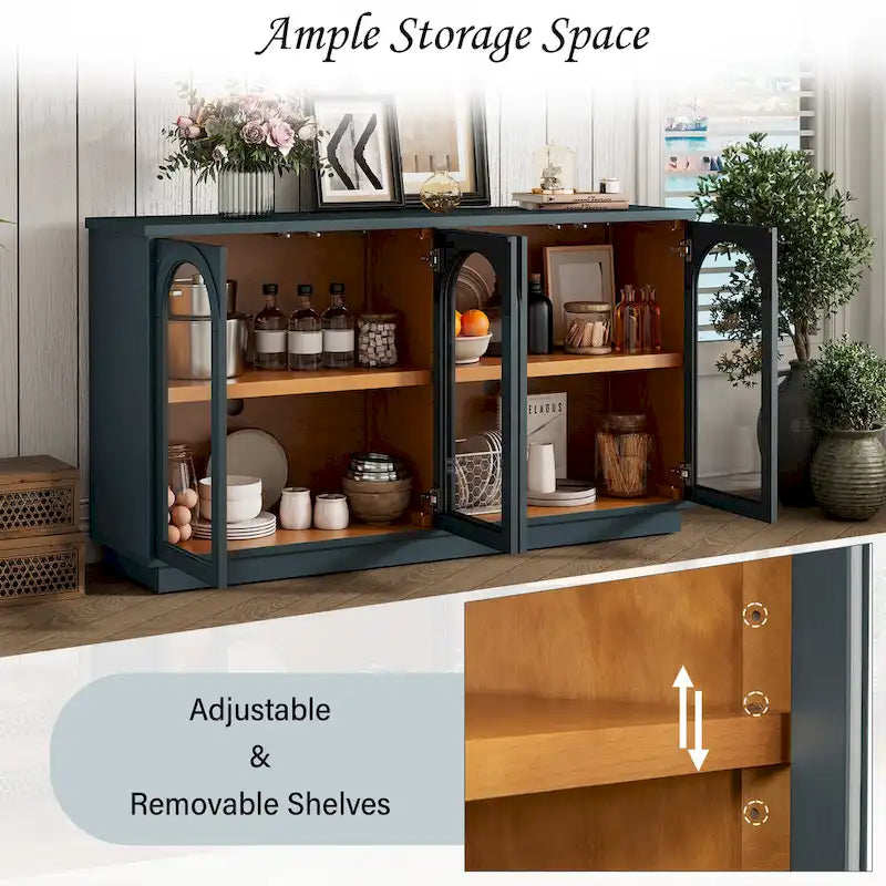 Grand buffet à 4 portes avec rangements, portes vitrées, étagères réglables et design arqué pour cuisine, salle à manger