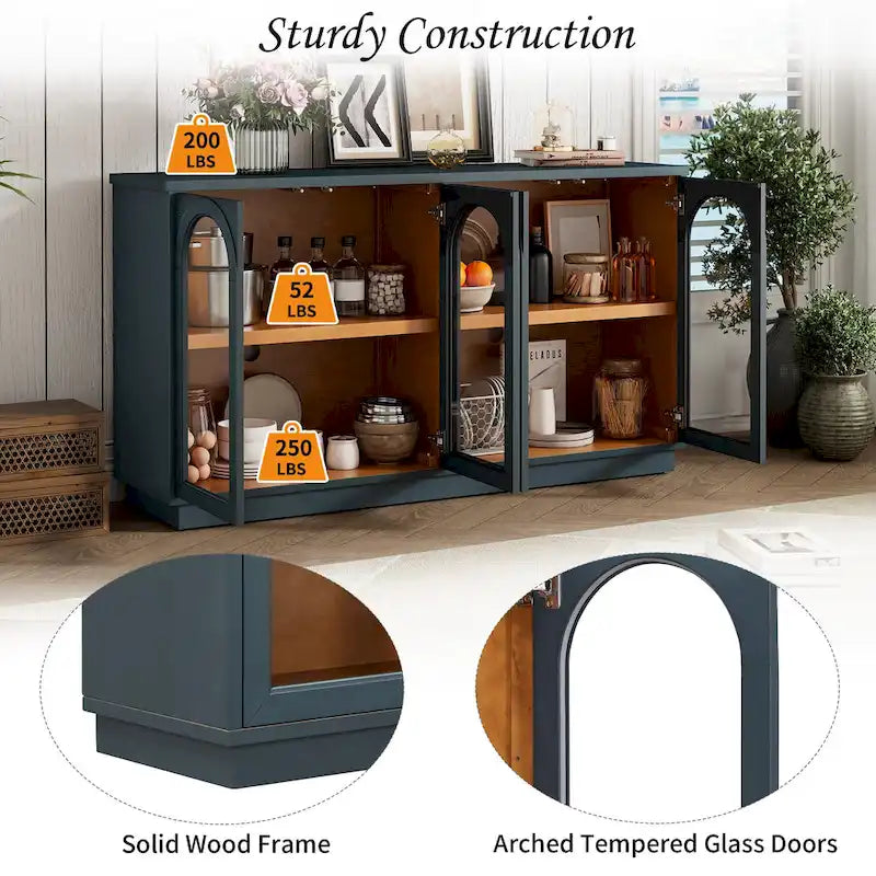 Grand buffet à 4 portes avec rangements, portes vitrées, étagères réglables et design arqué pour cuisine, salle à manger