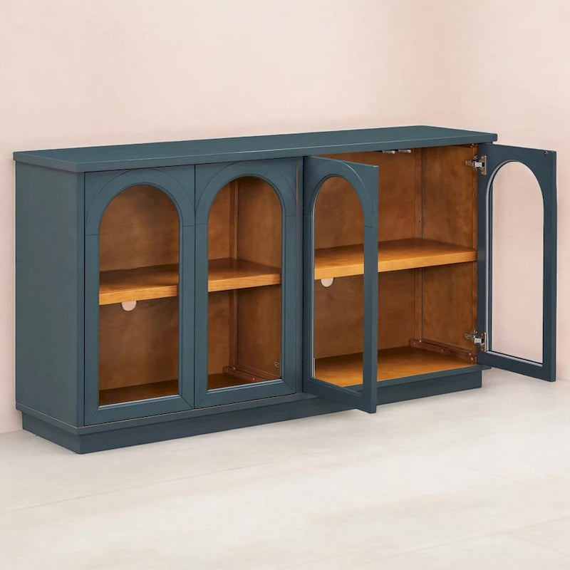 Grand buffet à 4 portes avec rangements, portes vitrées, étagères réglables et design arqué pour cuisine, salle à manger
