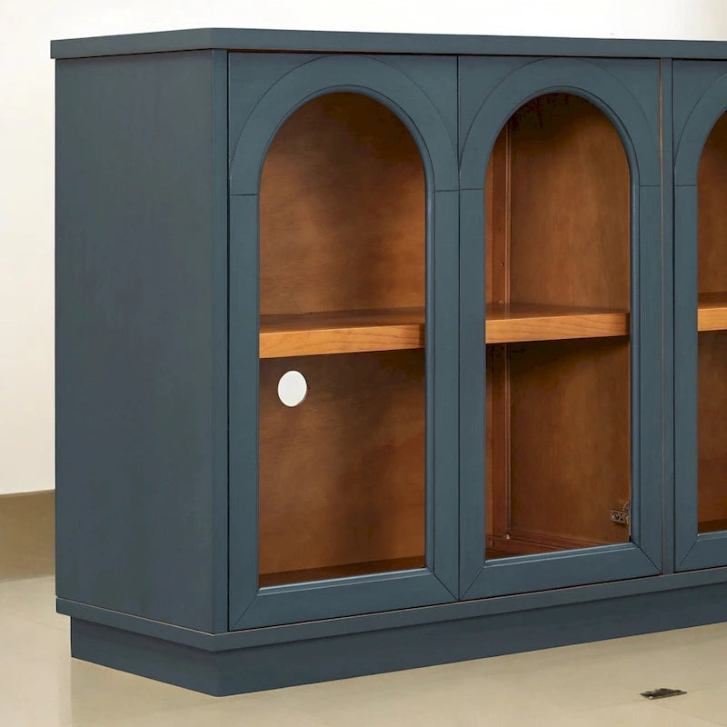 Grand buffet à 4 portes avec rangements, portes vitrées, étagères réglables et design arqué pour cuisine, salle à manger