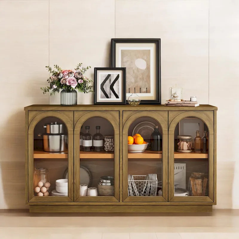Grand buffet à 4 portes avec rangements, portes vitrées, étagères réglables et design arqué pour cuisine, salle à manger