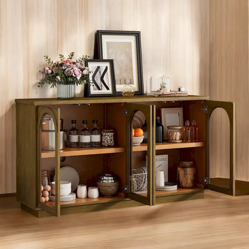 Grand buffet à 4 portes avec rangements, portes vitrées, étagères réglables et design arqué pour cuisine, salle à manger
