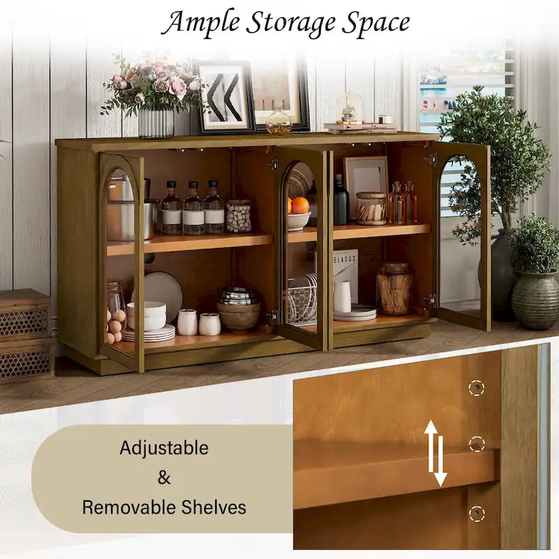 Grand buffet à 4 portes avec rangements, portes vitrées, étagères réglables et design arqué pour cuisine, salle à manger