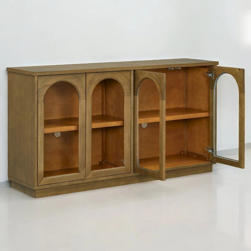 Grand buffet à 4 portes avec rangements, portes vitrées, étagères réglables et design arqué pour cuisine, salle à manger