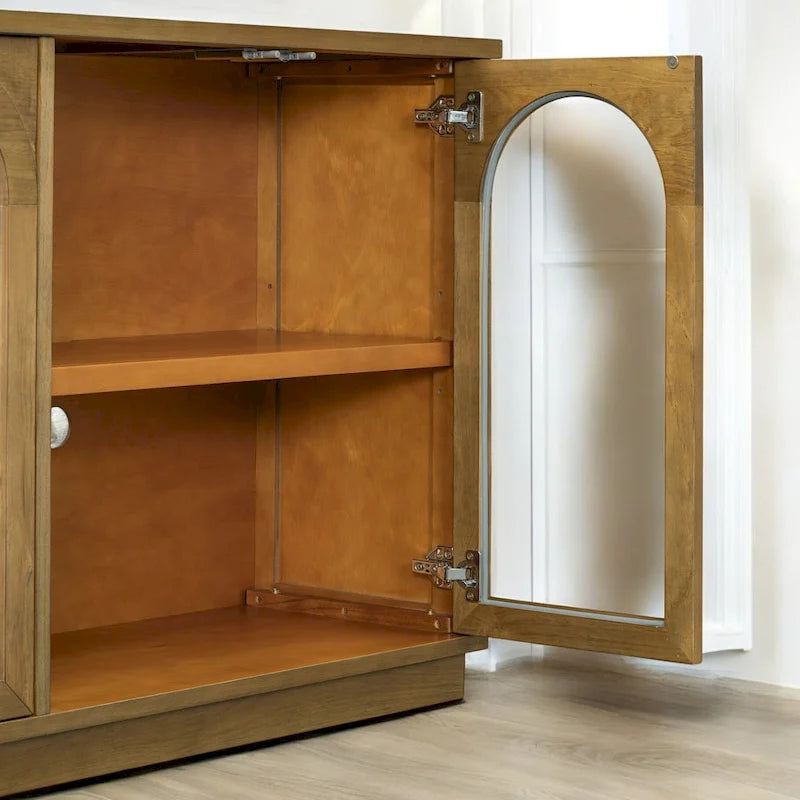 Grand buffet à 4 portes avec rangements, portes vitrées, étagères réglables et design arqué pour cuisine, salle à manger