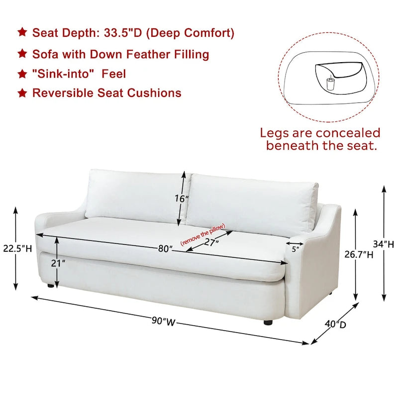 Canapé 3 places en lin à assise profonde avec coussins réversibles, 90 po. L