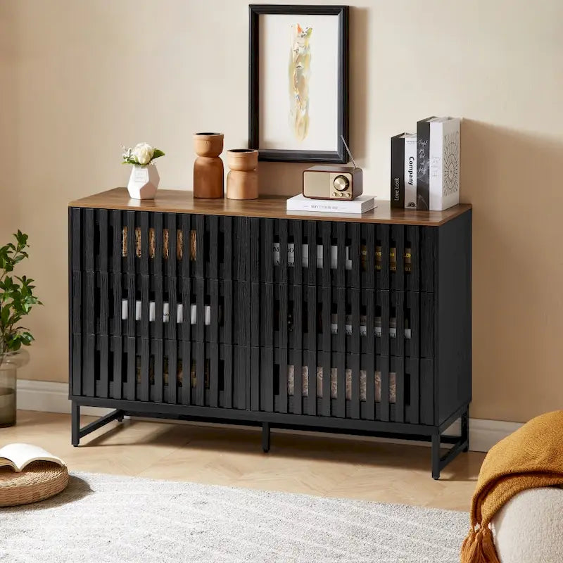 Meuble de rangement moderne avec portes à rayures grillagées et 6 tiroirs pour le salon