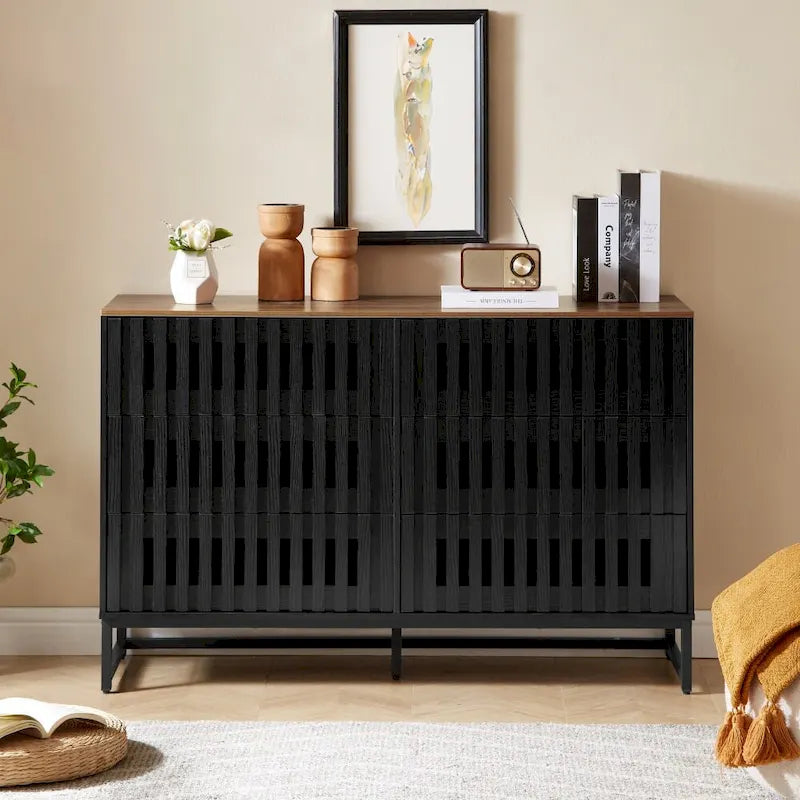 Meuble de rangement moderne avec portes à rayures grillagées et 6 tiroirs pour le salon