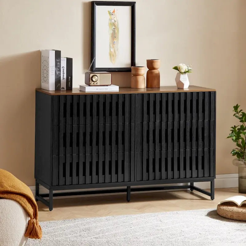 Meuble de rangement moderne avec portes à rayures grillagées et 6 tiroirs pour le salon