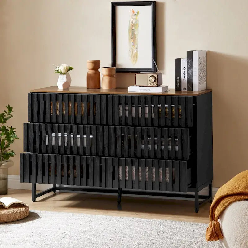 Meuble de rangement moderne avec portes à rayures grillagées et 6 tiroirs pour le salon