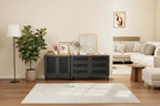 Meuble de rangement moderne avec portes à rayures grillagées et 6 tiroirs pour le salon