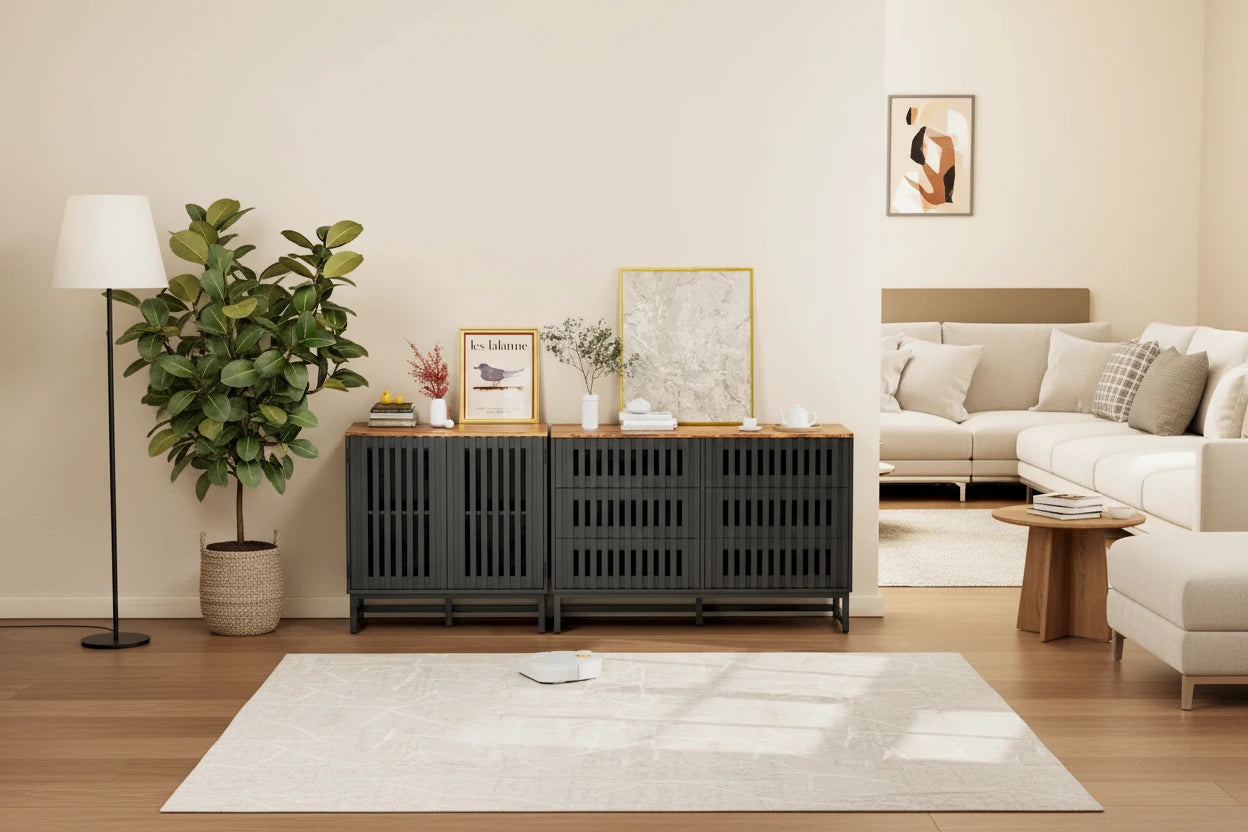 Meuble de rangement moderne avec portes à rayures grillagées et 6 tiroirs pour le salon