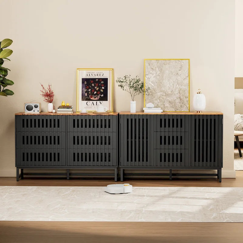 Meuble de rangement moderne avec portes à rayures grillagées et 6 tiroirs pour le salon