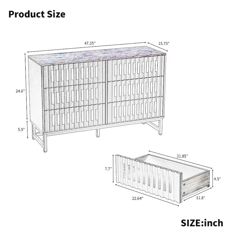 Meuble de rangement moderne avec portes à rayures grillagées et 6 tiroirs pour le salon
