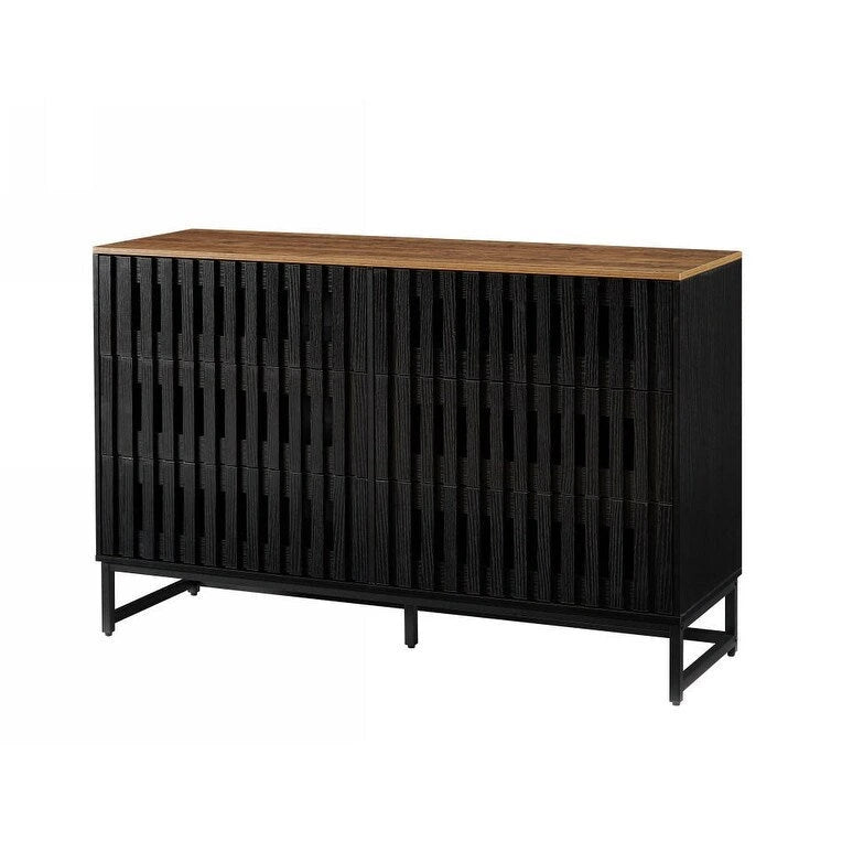 Meuble de rangement moderne avec portes à rayures grillagées et 6 tiroirs pour le salon