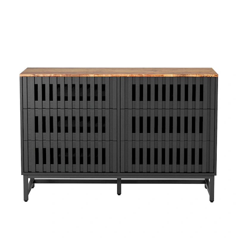 Meuble de rangement moderne avec portes à rayures grillagées et 6 tiroirs pour le salon