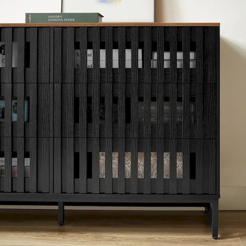 Meuble de rangement moderne avec portes à rayures grillagées et 6 tiroirs pour le salon
