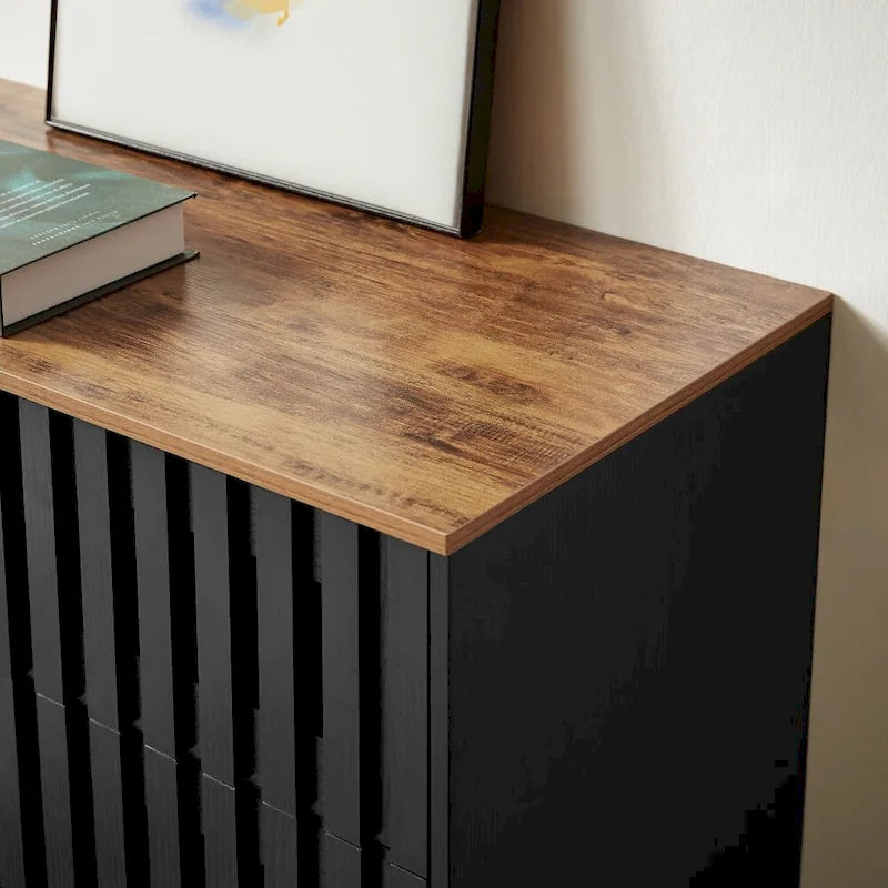 Meuble de rangement moderne avec portes à rayures grillagées et 6 tiroirs pour le salon