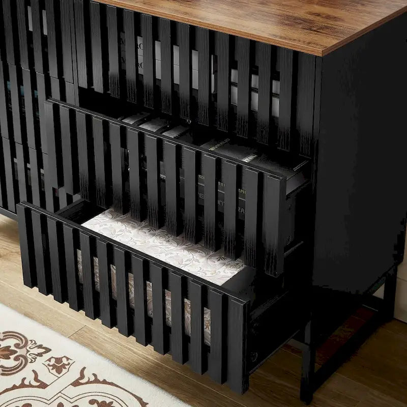 Meuble de rangement moderne avec portes à rayures grillagées et 6 tiroirs pour le salon