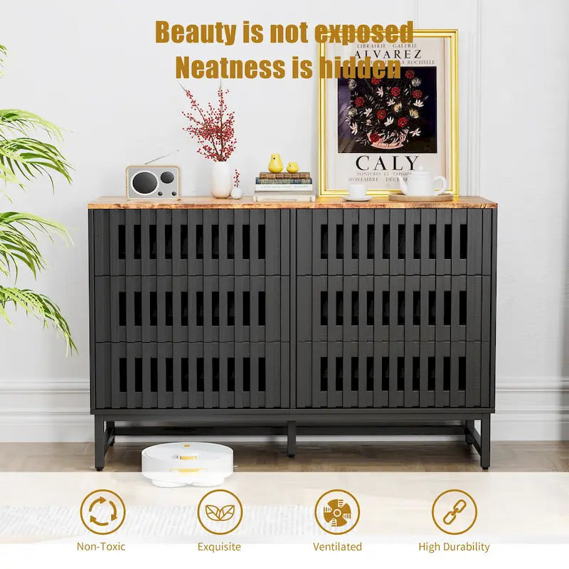 Meuble de rangement moderne avec portes à rayures grillagées et 6 tiroirs pour le salon