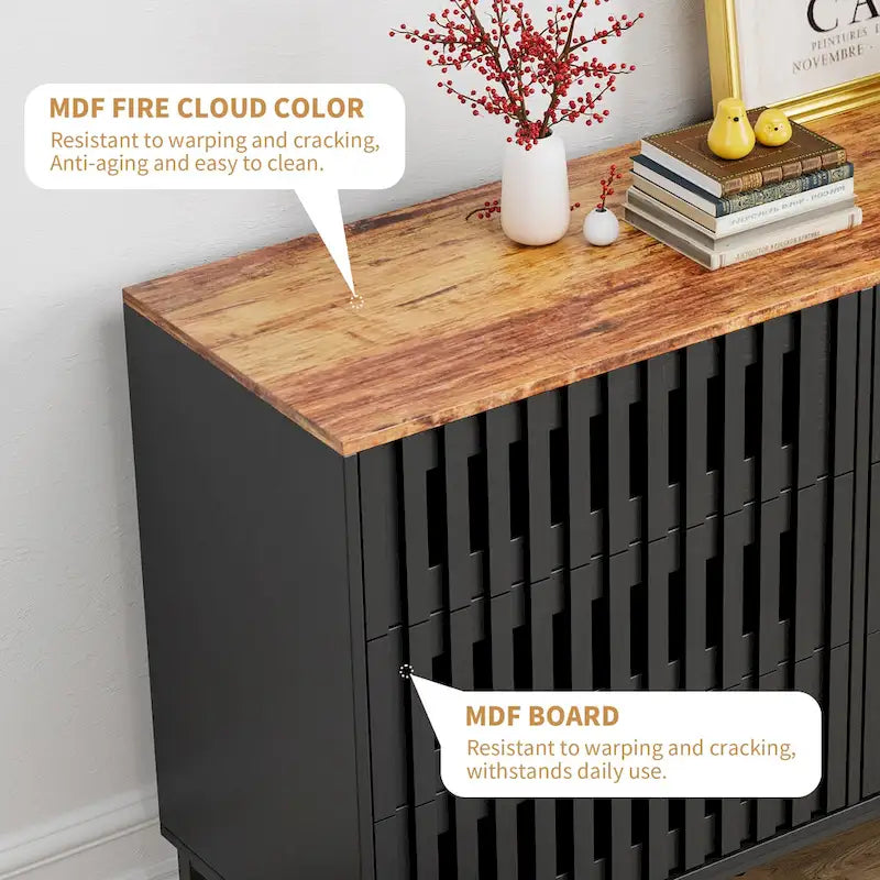 Meuble de rangement moderne avec portes à rayures grillagées et 6 tiroirs pour le salon