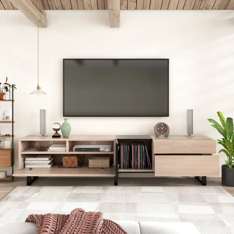 Meuble TV moderne pour téléviseur 80 pouces avec double espace de rangement