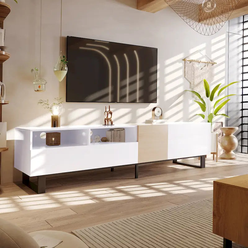 Meuble TV moderne pour téléviseur 80 pouces avec double espace de rangement