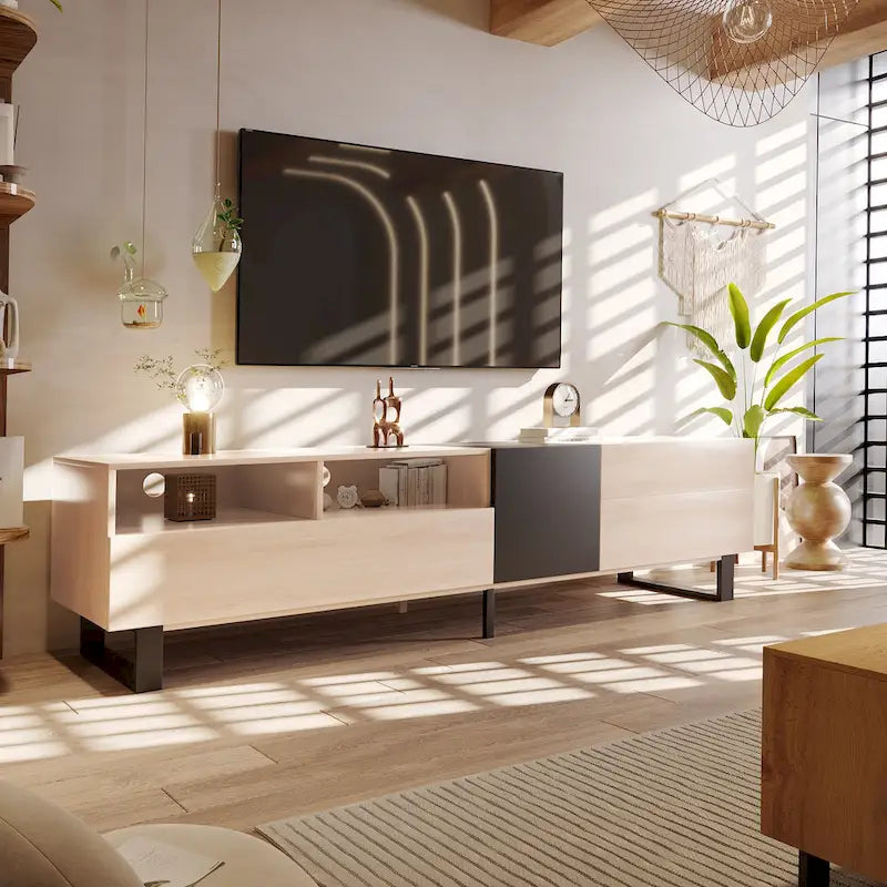 Meuble TV moderne pour téléviseur 80 pouces avec double espace de rangement