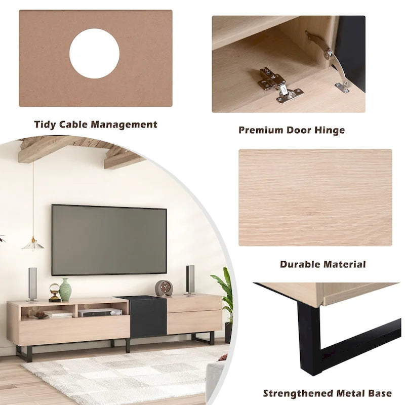 Meuble TV moderne pour téléviseur 80 pouces avec double espace de rangement