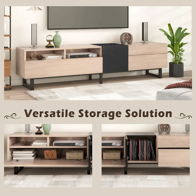 Meuble TV moderne pour téléviseur 80 pouces avec double espace de rangement