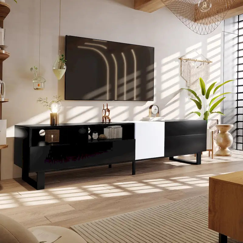 Meuble TV moderne pour téléviseur 80 pouces avec double espace de rangement