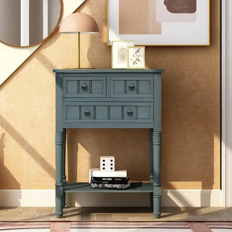 Console étroite avec trois tiroirs de rangement et une étagère inférieure
