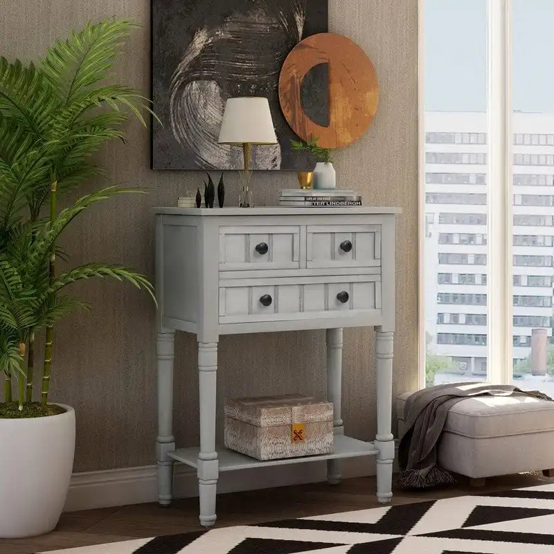 Console étroite avec trois tiroirs de rangement et une étagère inférieure