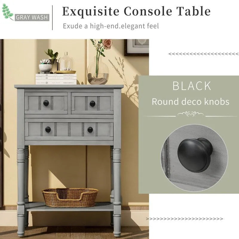 Console étroite avec trois tiroirs de rangement et une étagère inférieure