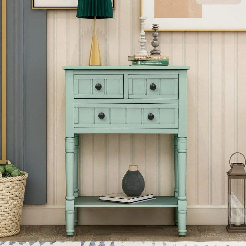 Console étroite avec trois tiroirs de rangement et une étagère inférieure